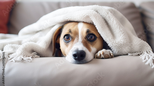 Funny puppy dog lying on couch under plaid indoors. Pet dog at home keeping warm under blanket in cold fall autumn winter weather. © lelechka