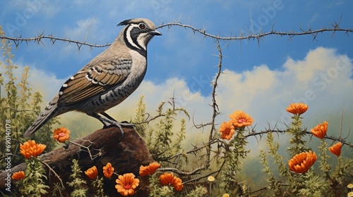 A male California quail (Callipepla californica) perches on a chain link fence with flowers growing nearby photo