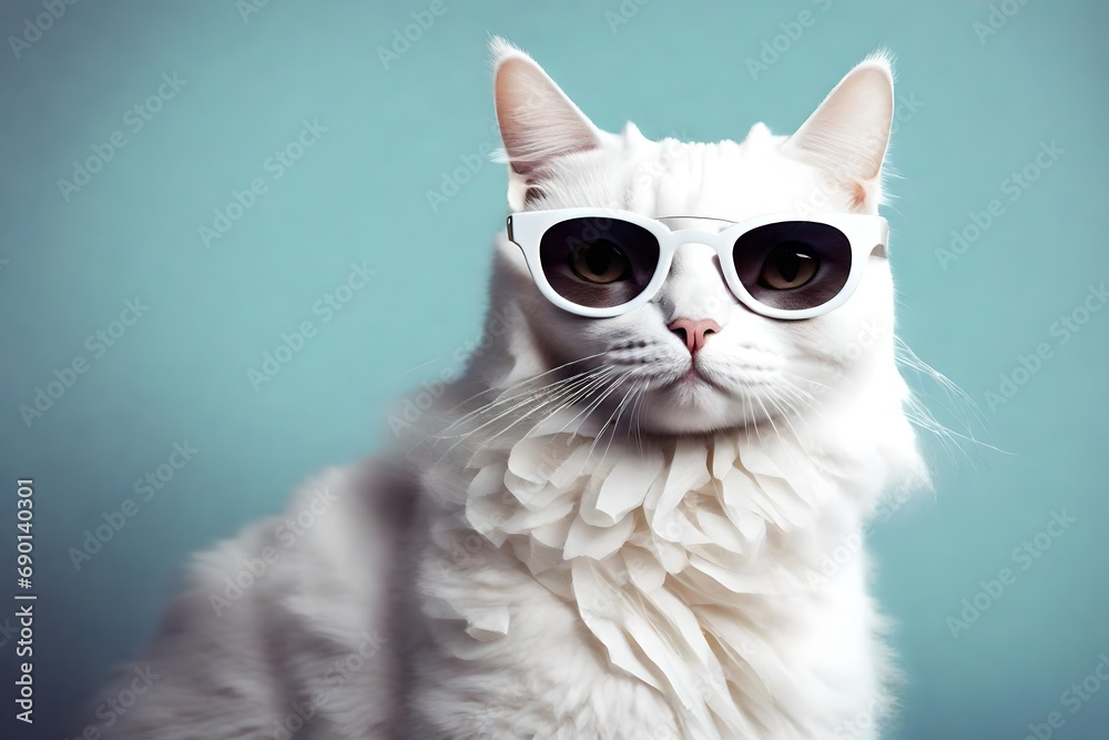 White cat in trendy sunglasses.