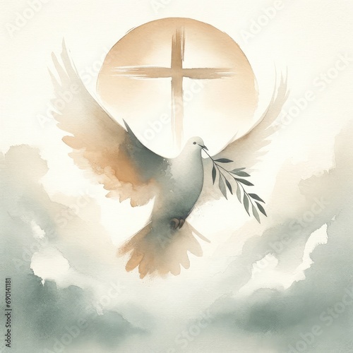 Watercolor illustration of a Christian cross with a dove of peace.