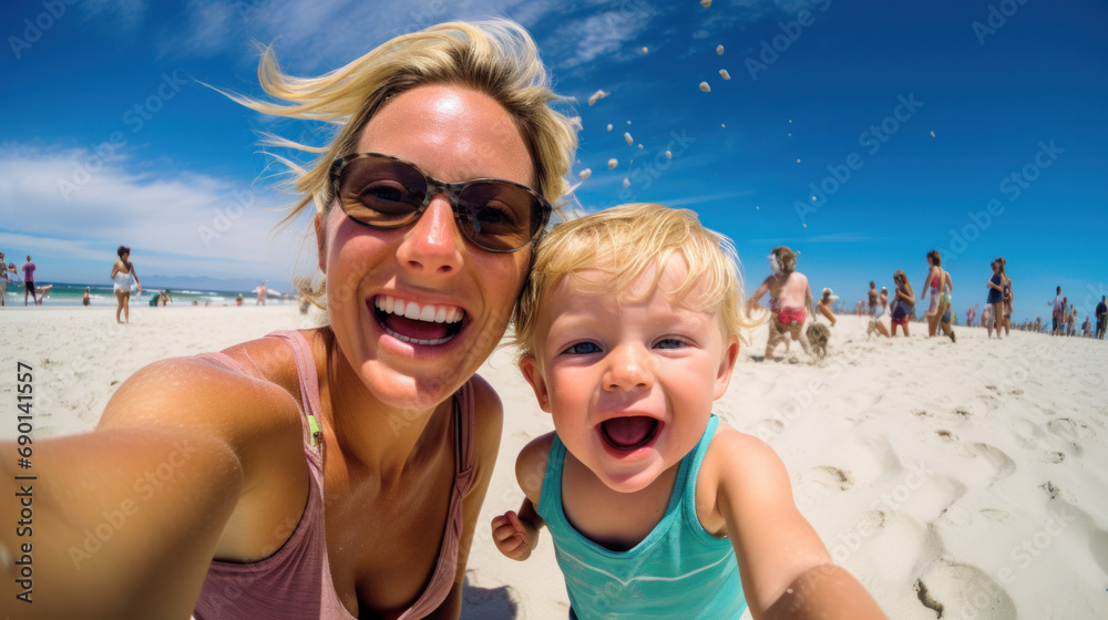Fun weekend. smiling active red hair mother and kid in action cam taking selfie. Fish eyes view Fun weekend. smiling active red hair mother and kid in action cam taking selfie. Fish eyes view