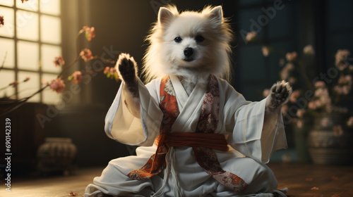 Funny dog in white kimono exercising karate. photo