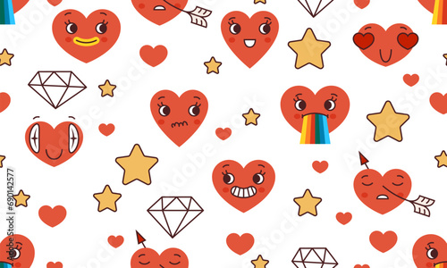 Seamless pattern for Valentines day. Groovy lovely hearts stickers. Love concept. Happy Valentines day. Retro love crazy heart smiley face. Valentine's day groovy decorative elements. Cute fun heart