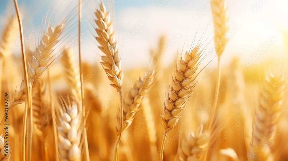 Close up of ripe golden wheat ears, field of wheat in a summer day, sun flare. Harvesting period. Generative AI Close up of ripe golden wheat ears, field of wheat in a summer day, sun flare. Harvesting period. Generative AI