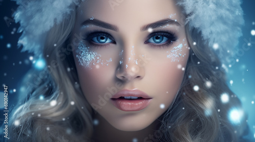 Woman Face Closeup, Winter Beauty, Christmas Makeup