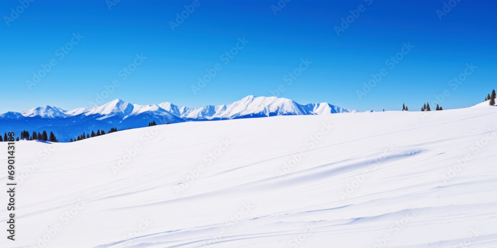 Winter mountain peaks are covered with snow. Ski landscape. Freeriding. Winter sports concept. Generative AI