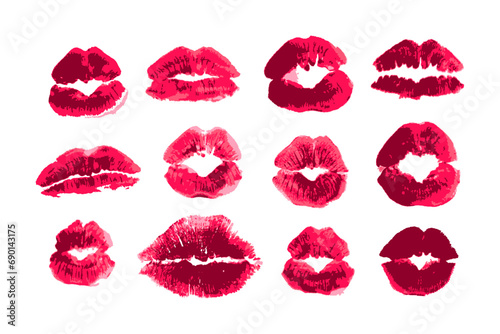 Female lips lipstick kiss print set. Woman lipstick red kiss marks, different shape prints. Vector Isolated on white