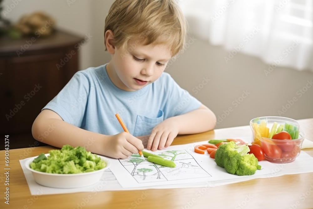 boy drawing a picture of his steamed veggie lunch boy drawing a picture of his steamed veggie lunch