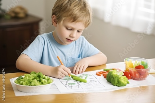 boy drawing a picture of his steamed veggie lunch