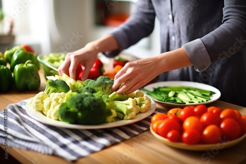 woman arranging steamed veggies on a plate