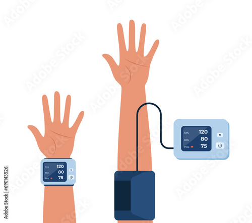 Man measuring blood pressure with digital device tonometer. Arterial blood pressure checking. Healthcare concept. Monitoring of arterial hypertension. Vector illustration.