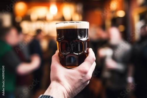 hand holding pint of stout with blurred crowd