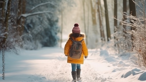 Captured from behind, a small girl takes a winter stroll along a snow covered road, 