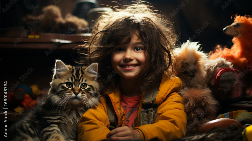 Little child and cat at messy room.