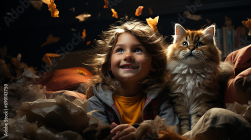 Little child and cat at messy room.