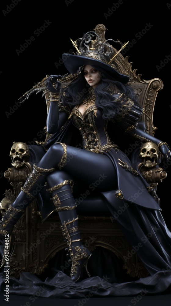 A captivating pirate queen, with eyes as deep as onyx, draped in midnight black and silver, ruling imperiously from a golden throne amidst a captivating bounty of treasures.