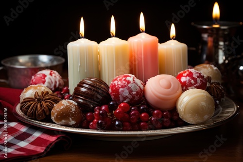 Elegant candle arrangement on a festive platter for a magical holiday ambiance, merry christmas images