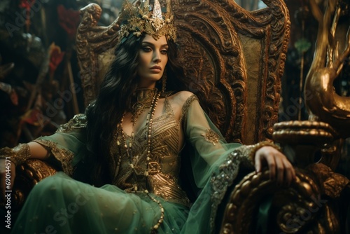 A captivating pirate queen, with eyes of jade, dressed in luxurious green and gold, lounging on a golden throne surrounded by endless treasures.
