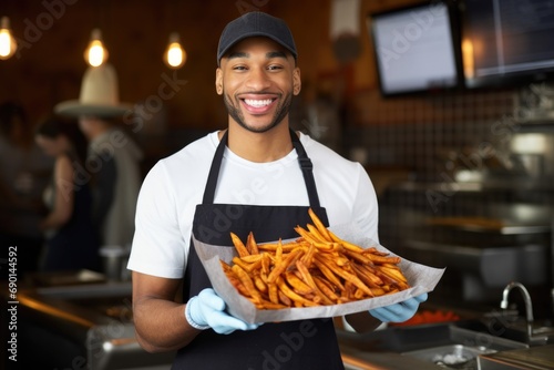 man wearing an apron handing out servings of sweet potato fries