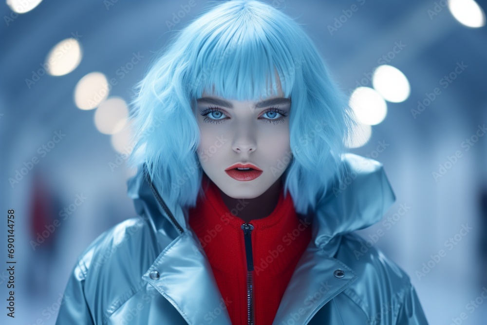 A captivating vision unfolds as the influencer with sky-blue hair and deep-sea blue eyes graces the fashion runway in a stylish oversized bomber, bathed in the glow of red lights. Sky-blue. Deep-sea.