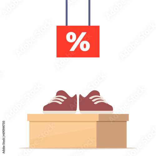 Shoe box with footwear. Stylish modern boots on box, side view. The price tag with discount percent sign. Shoes sale in store. Vector illustration.