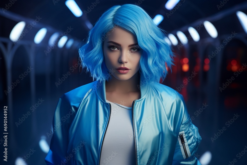 A captivating vision unfolds as the influencer with sky-blue hair and deep-sea blue eyes graces the fashion runway in a stylish oversized bomber, bathed in the glow of red lights. Sky-blue. Deep-sea.