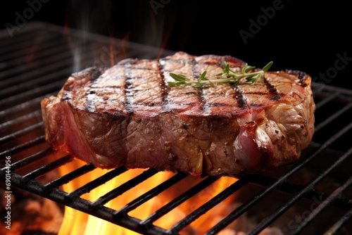 cross angle shot of t-bone steak sizzling on grill