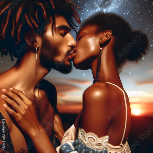 Two people sharing a passionate kiss under the stars on a summer night photo