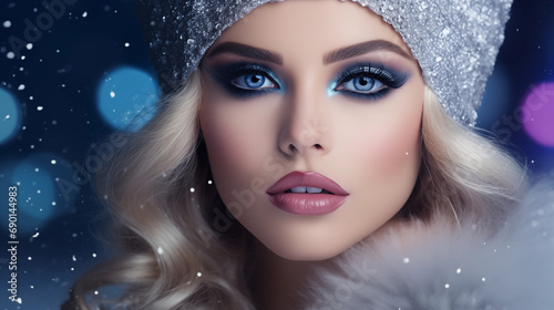 Woman Face Closeup  Winter Beauty  Christmas Makeup