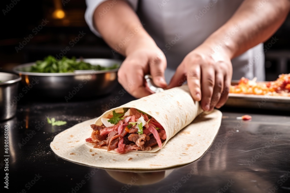 chef filling tortilla with meat for a taco