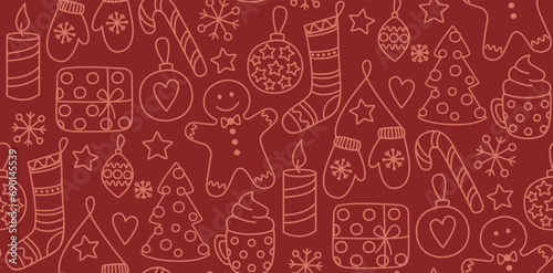 Seamless linear pattern with Christmas things. Vector burgundy backdrop with socks, gingerbread, candles, gifts, stars, snowflakes, Christmas balls, gloves, cup of cocoa, candies, Christmas trees.	