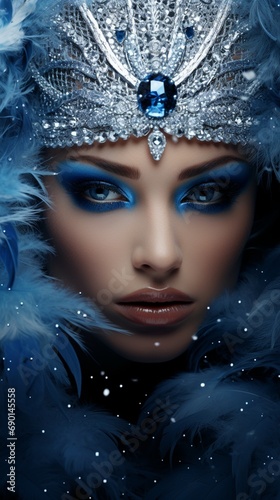 A celestial snow queen  captivating azure eyes  wrapped in shimmering sapphire feathers and diamonds  against a cosmic navy background.