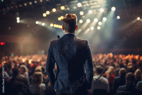 Back view of motivational speaker standing on stage in front of audience for motivation speech on conference or business event