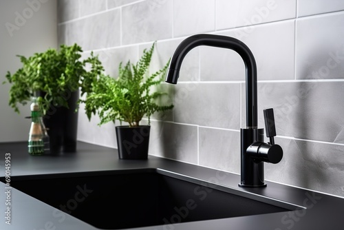 Black kitchen faucet with a white sink and green plant in a stylish modern kitchen. Water tap , faucet. Modern bathroom faucet