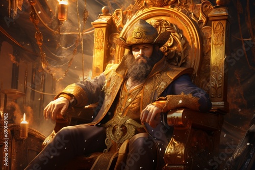 A charismatic pirate captain with topaz eyes, wearing resplendent orange and gold, holding court on a magnificent gold throne surrounded by untold riches.