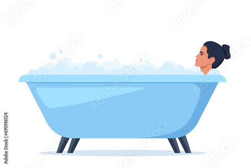 Woman in bath. Relaxed girl in bathtub with foam bubbles. Self care and hygiene, spa and relaxing. Vector illustration.