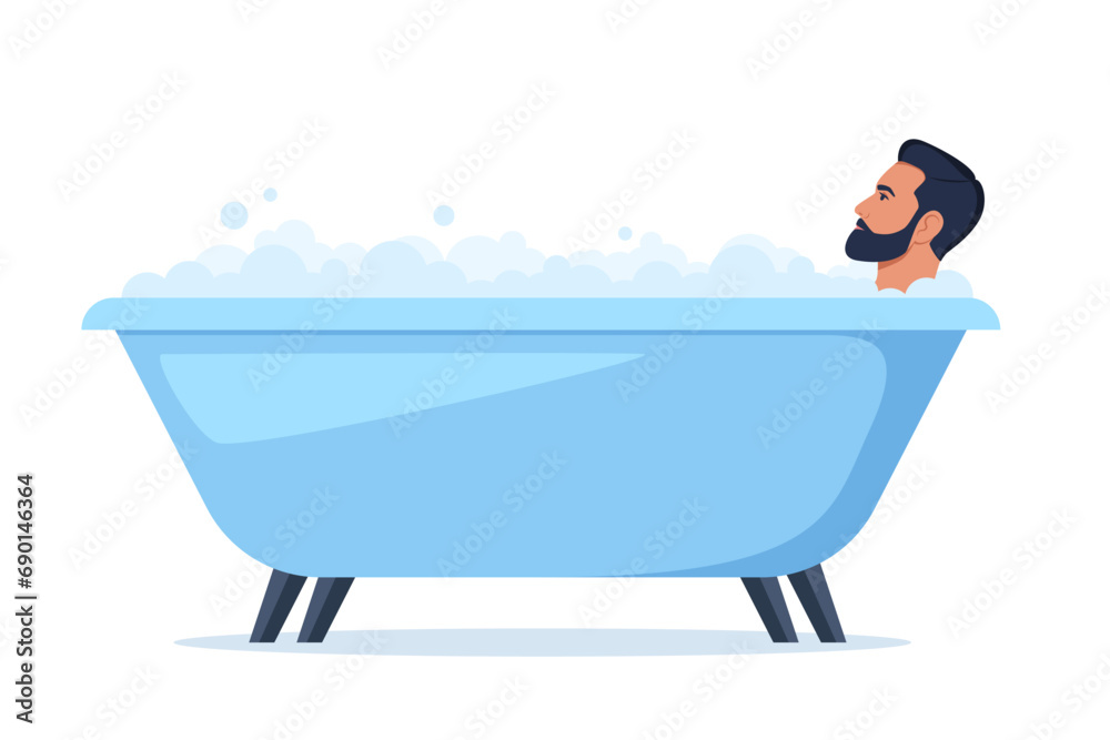 Man in bath. Relaxed guy in bathtub with foam bubbles. Self care and hygiene, spa and relaxing. Vector illustration. Man in bath. Relaxed guy in bathtub with foam bubbles. Self care and hygiene, spa and relaxing. Vector illustration.