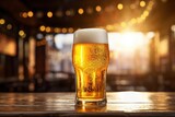 Cold beer pour in glass from crane in pub background
