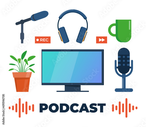 Podcast stuff. Headphones, microphones, computer. Podcast recording and listening, broadcasting, online radio, audio streaming service Concept. Vector illustration.