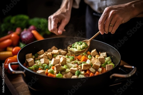 a man stirring in tofu cubes in a pan with vegetables