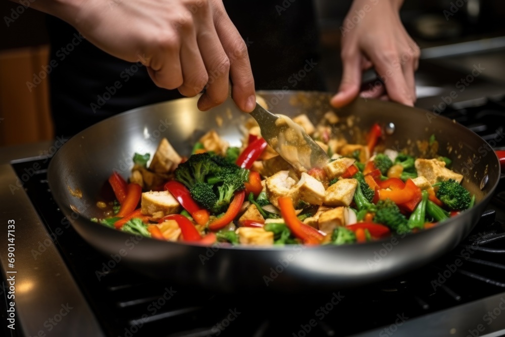male hands using tongs to mix tofu in a stir-fry