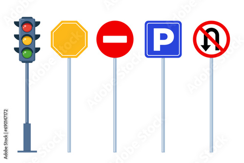 Road signs, set. Traffic signs on white background. Road traffic safety. Vector illustration.