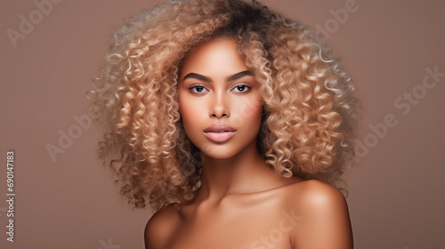 Studio beauty portrait of black woman with curly hairstyle. Cheerful and positive emotions. AI generated.
