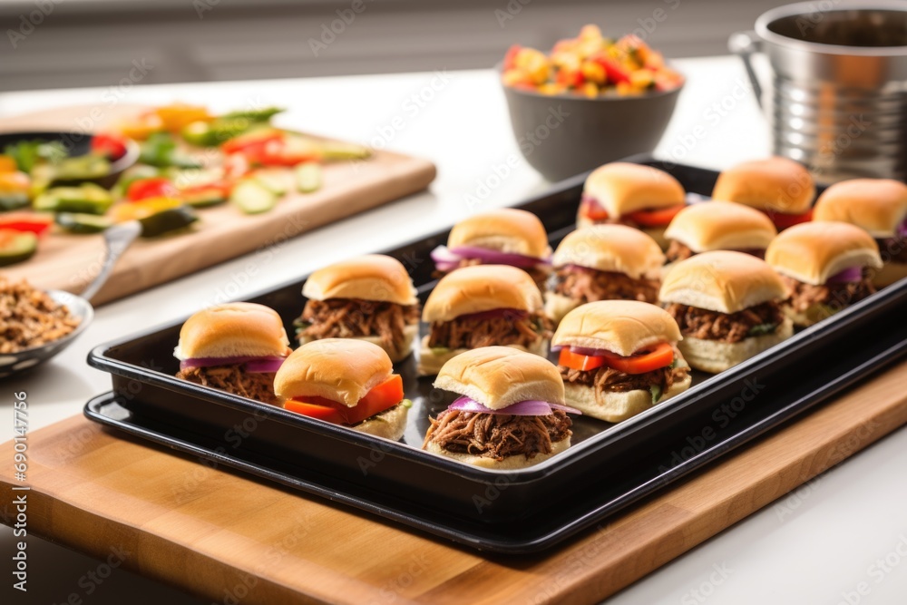 assembly of bbq sliders on presentation tray assembly of bbq sliders on presentation tray