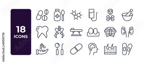 outline icons set from medical and healthcare concept. editable vector such as drug pills, three hexagons cell, plasma, dead, brain in bald male head, dermis, bandage cross icons.