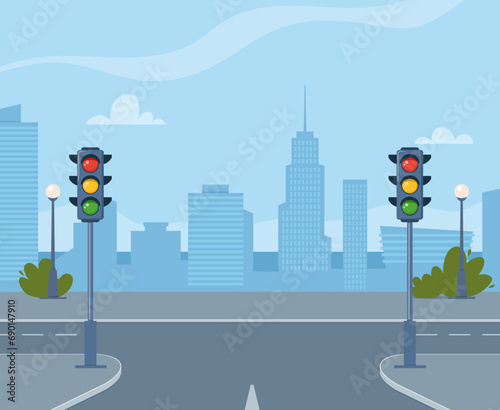 Crossroad with traffic lights, without any cars and people. Cityscape, empty street. Urban concept in flat style. Vector illustration.
