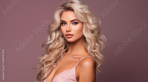 Fashion portrait of beautiful blonde woman with beautiful waving hair. Cheerful and positive emotions. AI generated.