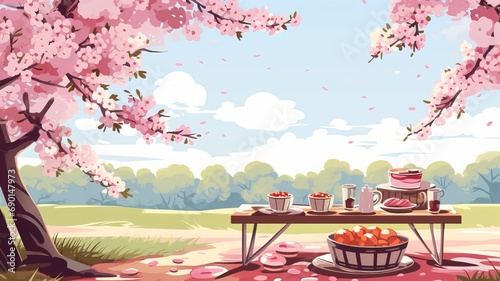 Hello! Spring background vector illustration. Picnic under Cherry blossoms trees photo