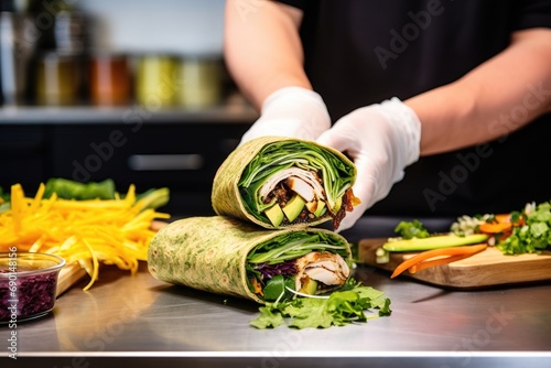 a chef wrapping up a turkey and avocado wrap photo