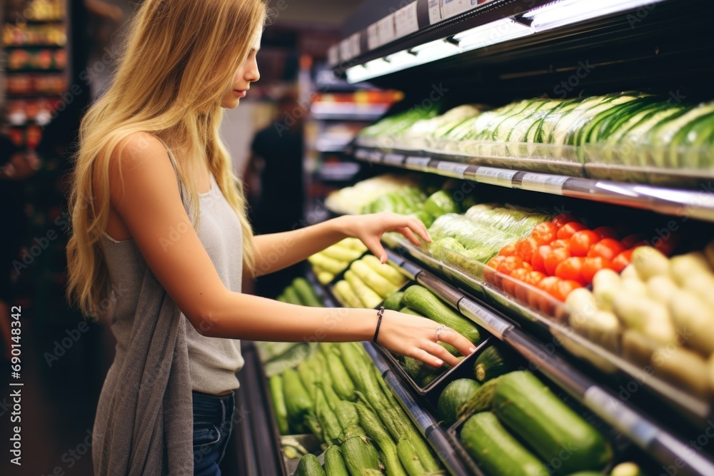 a woman shopping for ingredients for a turkey and avocado wrap